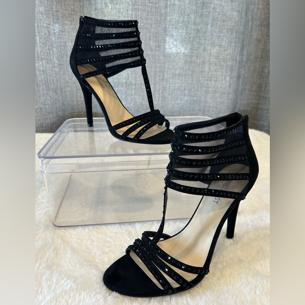 Nine West black open toe stilettos with mesh & rhinestones , size 6 1/2M